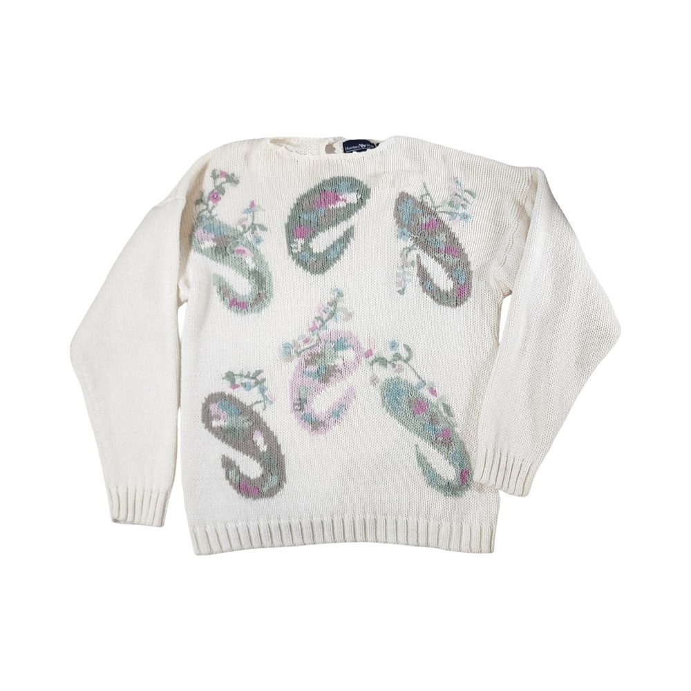 Hunters Run Vintage Ramie Cotton Knit Paisley Floral Sweater Cream Womens Large